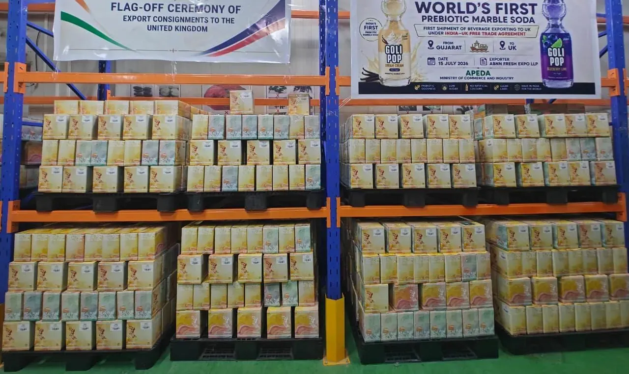 Pallets of Goli Pop Soda cartons below banners for the flag-off of export consignments to the United Kingdom, dated 15 July 2026